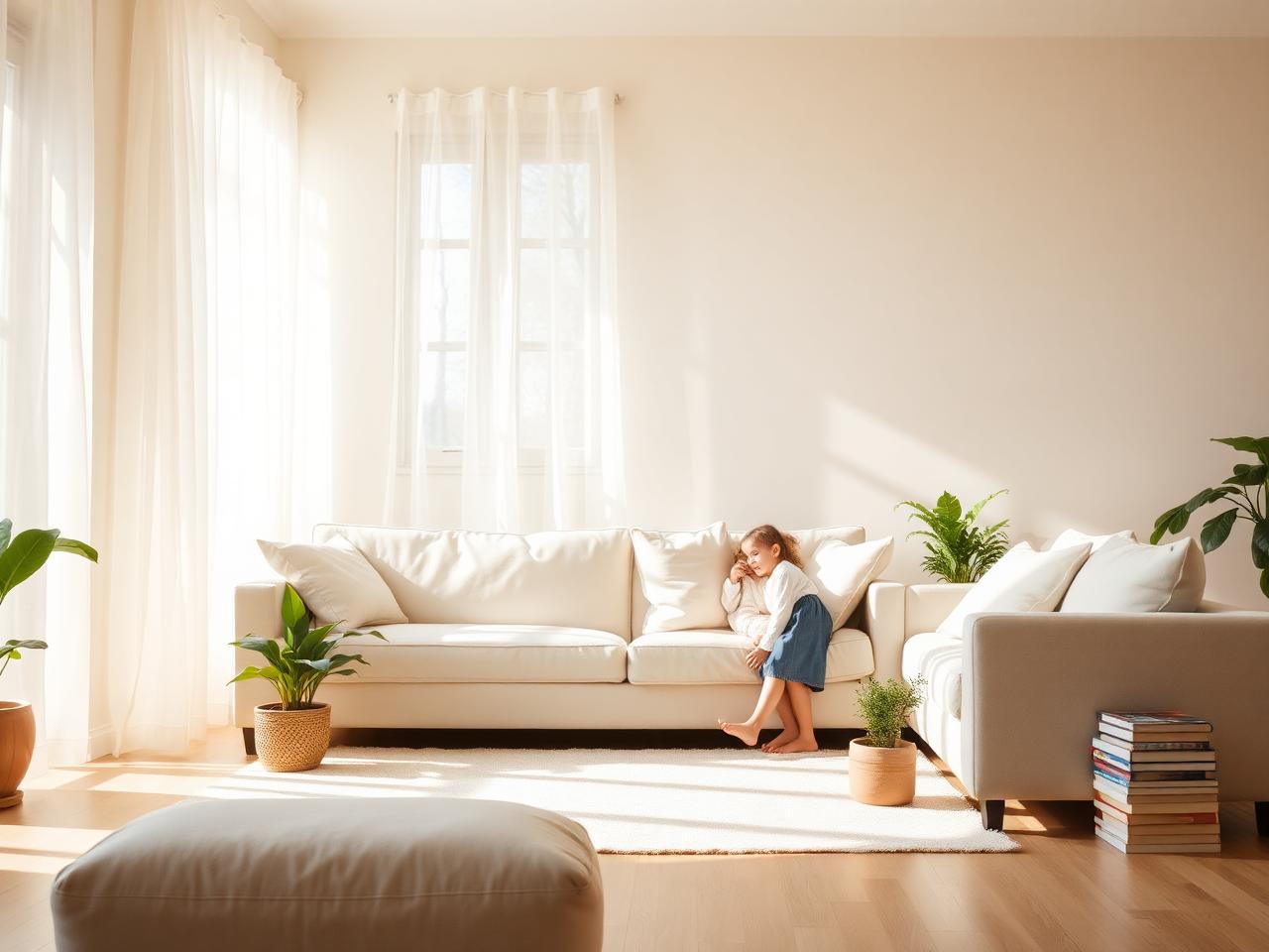 A clean, sunlit family living room with a soft cream sofa and indoor plants